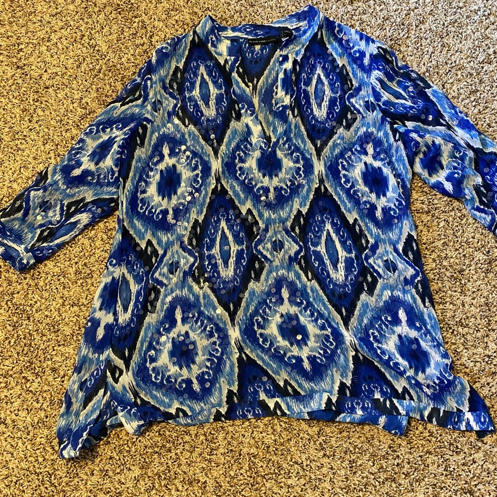 Chico’s sequin top with fun blue pattern
